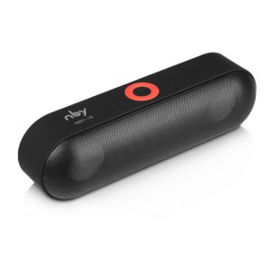 A black and red bluetooth speaker sitting on top of a table.