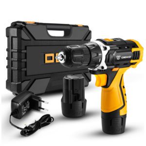 A yellow and black cordless drill with case