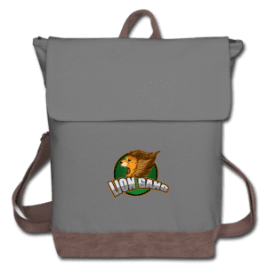 A gray and brown backpack with the lion king logo.